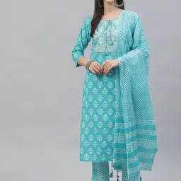 INDYES Women Turquoise Blue Ethnic Motifs Gotta Patti Cotton Kurta with Trousers & Dupatta-picture-11