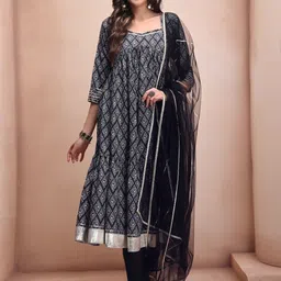 Inddus Ethnic Motifs Printed Gotta Patti A-Line Kurta With Trousers & Dupatta-19