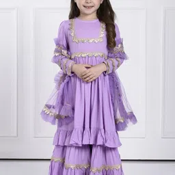 THE PONY & PEONY CO. Girls Floral Yoke Design Regular Gotta Patti Kurta with Sharara & With Dupatta-picture-39