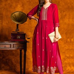 KALINI Ethnic Motifs Embroidered V-Neck High Slit Gotta Patti Kurta With Trousers-picture-20