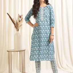 Rangita Floral Printed Round Neck Pure Cotton Straight Kurta with Trousers-image-53