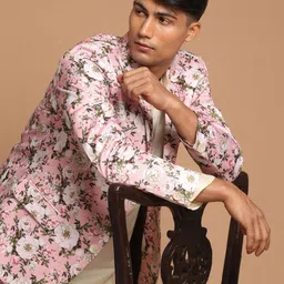 VASTRAMAY Men Cream-Coloured Kurta With Pyjamas & With Floral Printed Blazer-picture-56