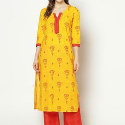 ZNX Clothing Women Yellow Floral Printed Pure Cotton Kurta with Palazzos-29