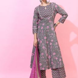 Vishudh Women Grey Floral Printed Pure Cotton Kurta with Palazzos & Dupatta-image-37