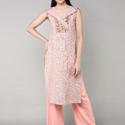 aturabi Women Multicoloured Floral Embroidered Pure Cotton Kurti with Trousers-image-26