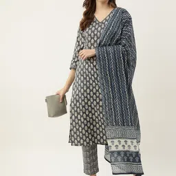 FIORRA Women Grey Ethnic Motifs Printed Pure Cotton Kurti with Trousers & With Dupatta-image-20