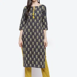 Kurti's by Menka Women Black Floral Printed Pure Cotton Kurta with Trousers-image-79