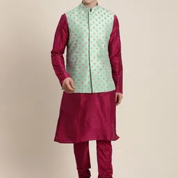 SHRESTHA BY VASTRAMAY Men Floral Thread Work Nehru jacket with Solid Kurta & Churidar-17