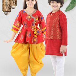 BownBee Girls Red Ethnic Motifs Printed Angrakha Gotta Patti Kurti with Dhoti Pants-picture-43
