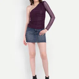 DRAPE AND DAZZLE Self Design Stretchable Shimmer One Shoulder Net Casual Top-picture-4