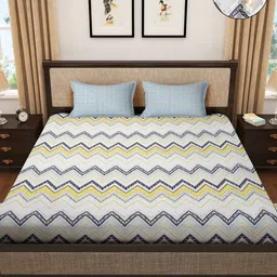 SOKNACK White & Blue Geometric 300 TC King Bedsheet with 2 Pillow Covers-image-72