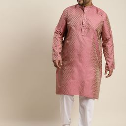 SOJANYA PLUS Men Pink & Golden Jacquard Silk Woven Design Straight Kurta-image-96