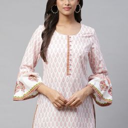 PIROH Women White & Pink Ethnic Motifs Printed Pure Cotton Kurti-image-63
