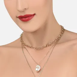AMI Women White & Gold-Plated Contemporary Baroque Pearl Drop Layered Chain-24