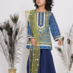 Little Bansi Girls Blue Ethnic Motifs Embroidered Layered Pure Cotton Kurta with Sharara & With Dupatta-picture-22