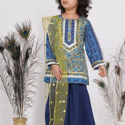 Little Bansi Girls Blue Floral Printed Pure Cotton Kurta with Sharara & With Dupatta-image-50