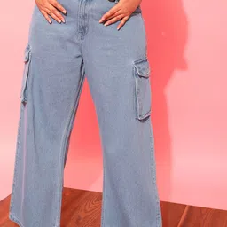 CURVY STREET Women Plus Size Blue Jean Wide Leg Pure Cotton Cargo Jeans-12