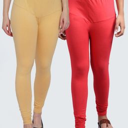 Jinfo Women Pack of 2 Solid Beige and Orange Churidar Length Leggings-picture-3