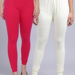 Jinfo Women Pack Of 2 Pink & Off-White Churidar Length Leggings-31