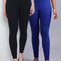 Jinfo  Women Pack Of 2 Black & Blue Solid Churidar Length Leggings-picture-38