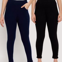 Clora Creation Women Pack Of 2 Black & Blue Ankle Length Leggings-image-91