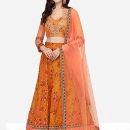 SAPTRANGI Mustard & Peach-Coloured Embroidered Ready to Wear Lehenga & Blouse With Dupatta-27