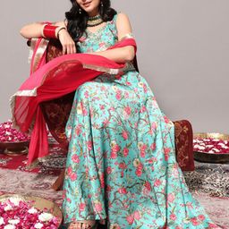 Varanga Floral Printed Mirror Work Ready to Wear Lehenga & Blouse With Dupatta-image-3
