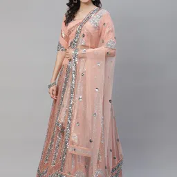 SHUBHKALA Peach-Coloured & Blue Embellished Sequinned Semi-Stitched Lehenga & Unstitched Blouse With Dupatta-image-64
