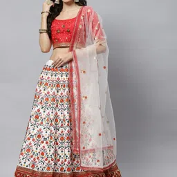 SHUBHKALA White & Red Embroidered Sequinned Semi-Stitched Lehenga & Unstitched Blouse With Dupatta-picture-8