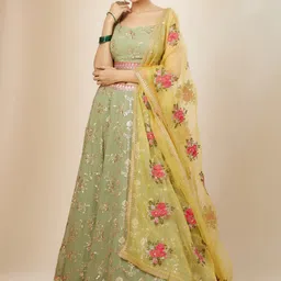 FABPIXEL Embroidered Sequinned Semi-Stitched Georgette Lehenga Choli With Dupatta-picture-3