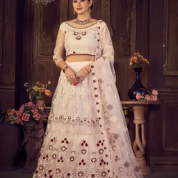 Warthy Ent Pink & White Embroidered Semi-Stitched Lehenga & Unstitched Blouse With Dupatta-47