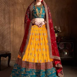 FABPIXEL Women Yellow & Teal Embroidered Semi-Stitched Lehenga Choli Set-picture-11