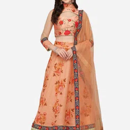 SAPTRANGI Peach-Coloured & Green Embroidered Semi-Stitched Lehenga & Unstitched Blouse With Dupatta-15