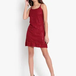 Indietoga Women Maroon Embroidered & Sequinned A-Line Knee-Length Strap Dress-image-33