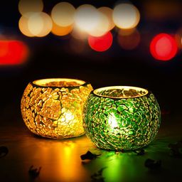 eCraftIndia Yellow & Green Set of 2 Mosiac Glass Decorative Tea Light Candle Holder-image-24
