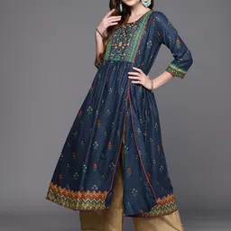 Biba Women Navy Blue & Green Ethnic Motifs Printed Front Slit A-Line Kurta-39