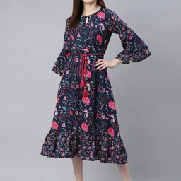 Indibelle Navy Blue & Pink Ethnic Motifs Bell Sleeves Ethnic A-Line Midi Dress-picture-18
