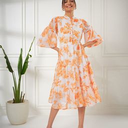 Kibo Floral Printed Mandarin Collar Puff Sleeve Gathered Tiered Fit & Flare Midi Dress-image-15
