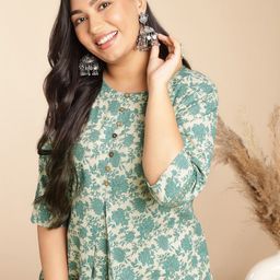 Janasya Plus Size Floral Printed Round Neck Cotton Tunic-image-59