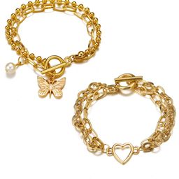 Jewels Galaxy Set Of 2 White & Gold-Plated Butterfly & Heart Charm Pearl Link Bracelet-image-5