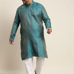 SOJANYA PLUS Men Teal Blue & Golden Ethnic Motifs Jacquard Kurta-image-97