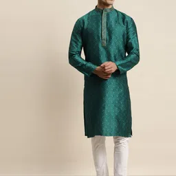 SOJANYA Men Teal Ethnic Motifs Jacquard Kurta-picture-6