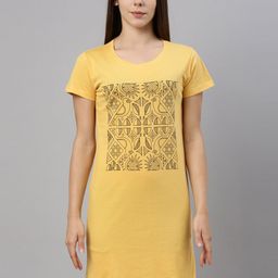 Curare Yellow Printed Pure Cotton T-Shirt Nightdress-image-61