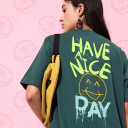 DILLINGER Green & Yellow Typography Printed Oversized Pure Cotton Longline T-shirt-image-48