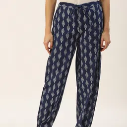 MBeautiful Women Navy Blue & Off-White Handblock Print Organic Cotton Carrot Lounge Pants-picture-38