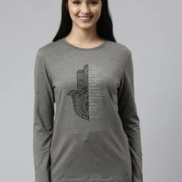 Enamor E157 Basic Crew Neck Stretch Cotton Tee for Women with Graphic Print & Long Sleeves-image-99