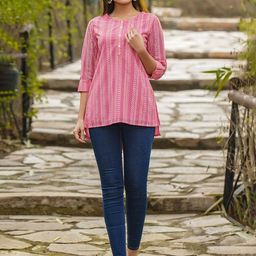 Juniper Women Pink Striped Georgette Printed High-Low Tunic-picture-12