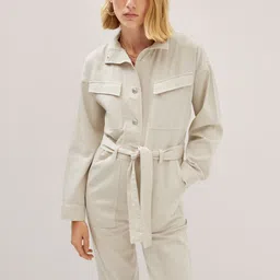 MANGO Pure Cotton Mock Neck Denim Jumpsuit With Tie-Up Belt-52