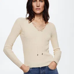 MANGO Women Beige Ribbed Pullover-image-66