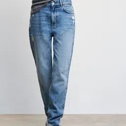 MANGO Women Straight Fit High-Rise Mildly Distressed Light Fade Jeans-picture-8